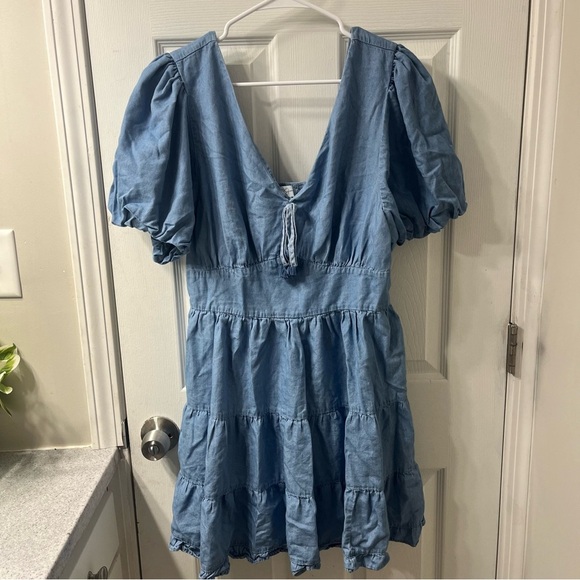 Jessica Simpson women’s blue denim chambray tiered puff sleeve bohemian dress - Picture 3 of 7